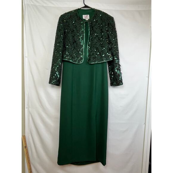 Vintage Caron Chicago Women's Size 12 Green 2 Piece Sequin Jacket and Maxi Dress - Picture 1 of 9